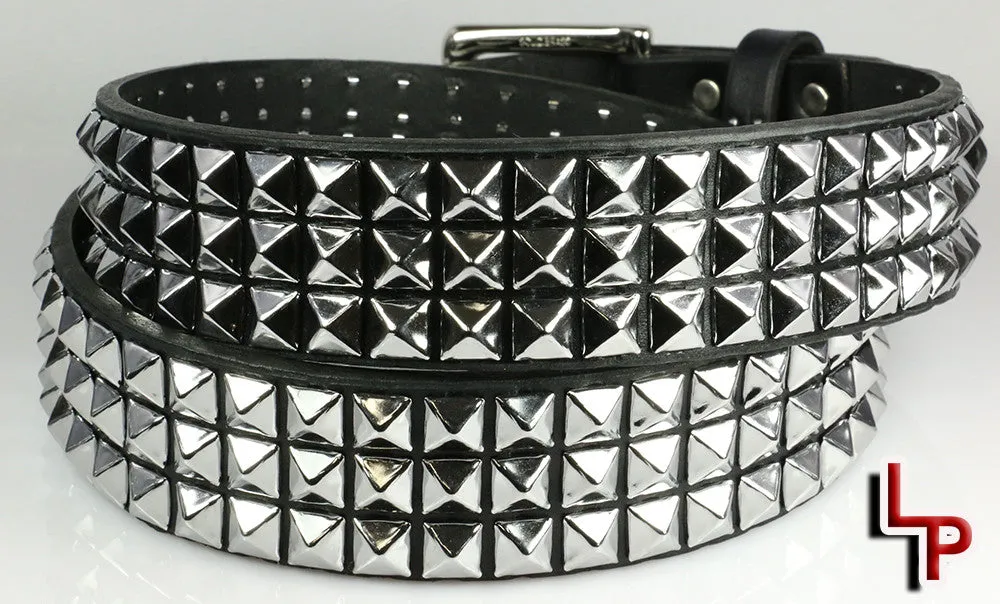 Classic 3 Row Pyramid Studded Leather Belt, 1.5" Removable Buckle