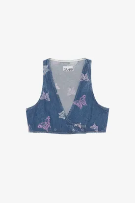 Embroidery Denim Crop Vest - Denim