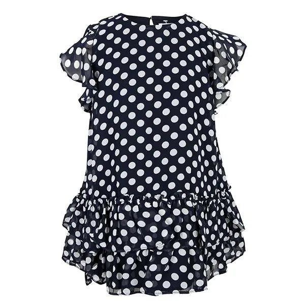 GIRLS RUFFLED POLKA DOT DRESS - NAVY