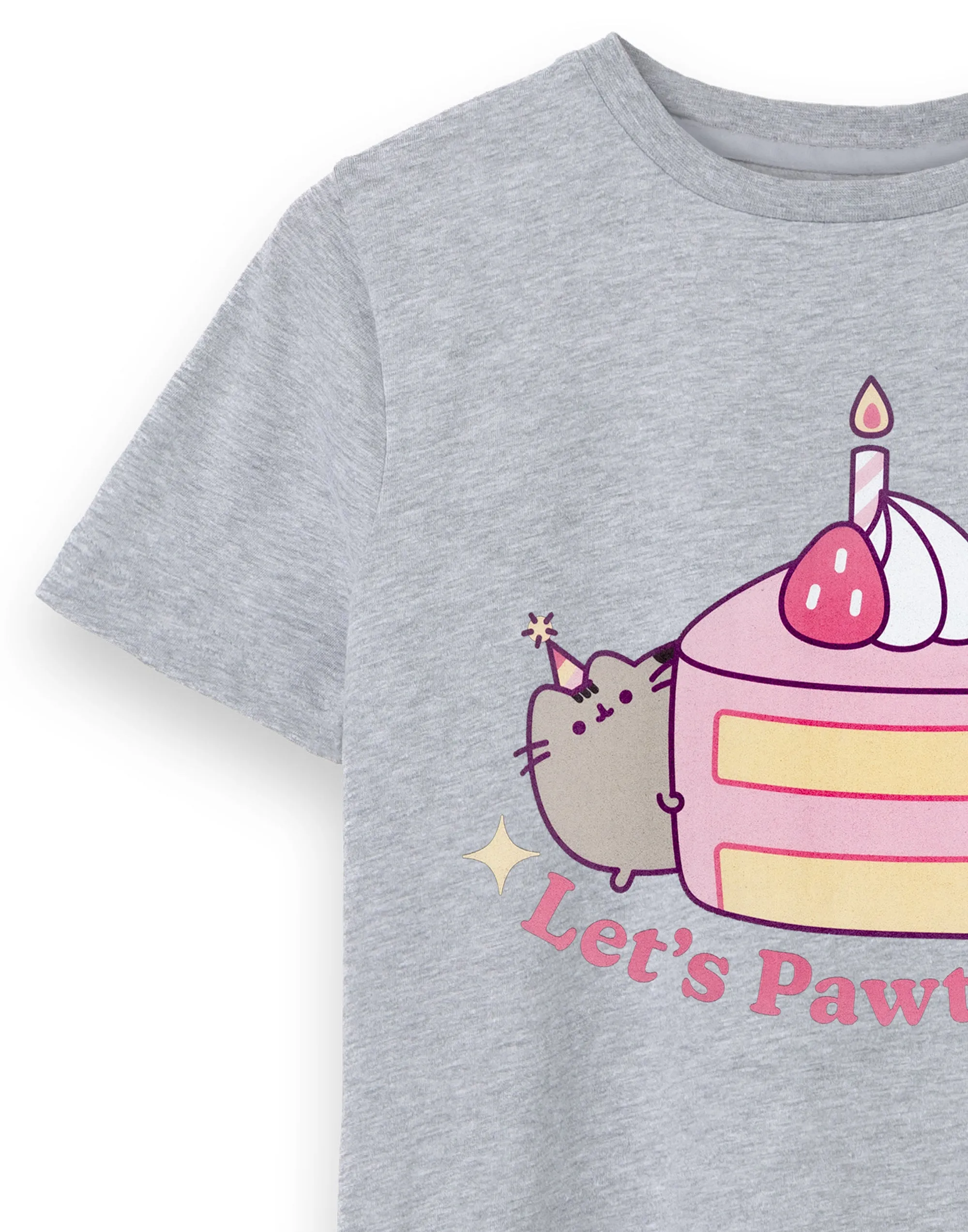 Pusheen Let's Pawty Girls Grey Marl Short Sleeved T-Shirt