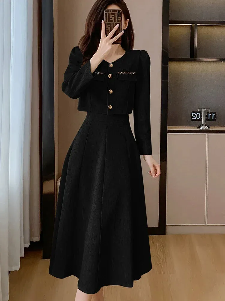 Toleet-New Elegant Small Fragrance Single Breasted Short Coat   High Waist Mid Length Skirt Ladies Suit Korean Two Piece Set Autumn