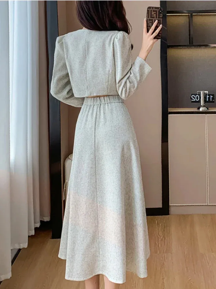 Toleet-New Elegant Small Fragrance Single Breasted Short Coat   High Waist Mid Length Skirt Ladies Suit Korean Two Piece Set Autumn