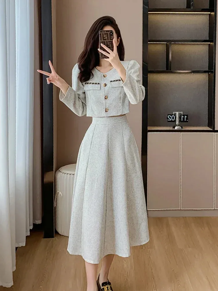 Toleet-New Elegant Small Fragrance Single Breasted Short Coat   High Waist Mid Length Skirt Ladies Suit Korean Two Piece Set Autumn