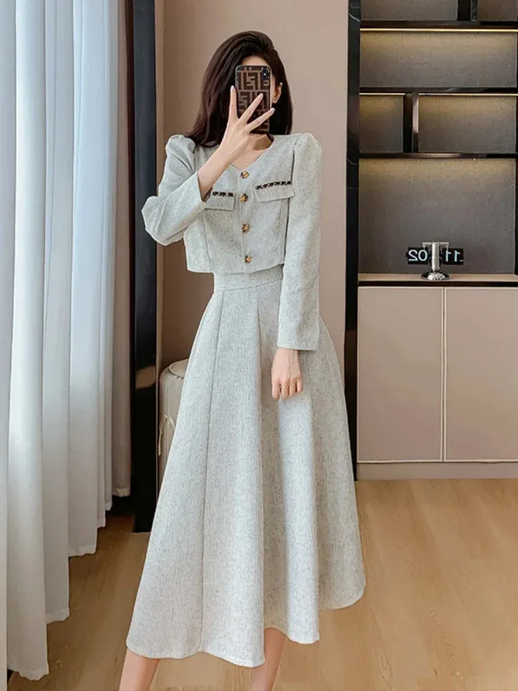 Toleet-New Elegant Small Fragrance Single Breasted Short Coat   High Waist Mid Length Skirt Ladies Suit Korean Two Piece Set Autumn