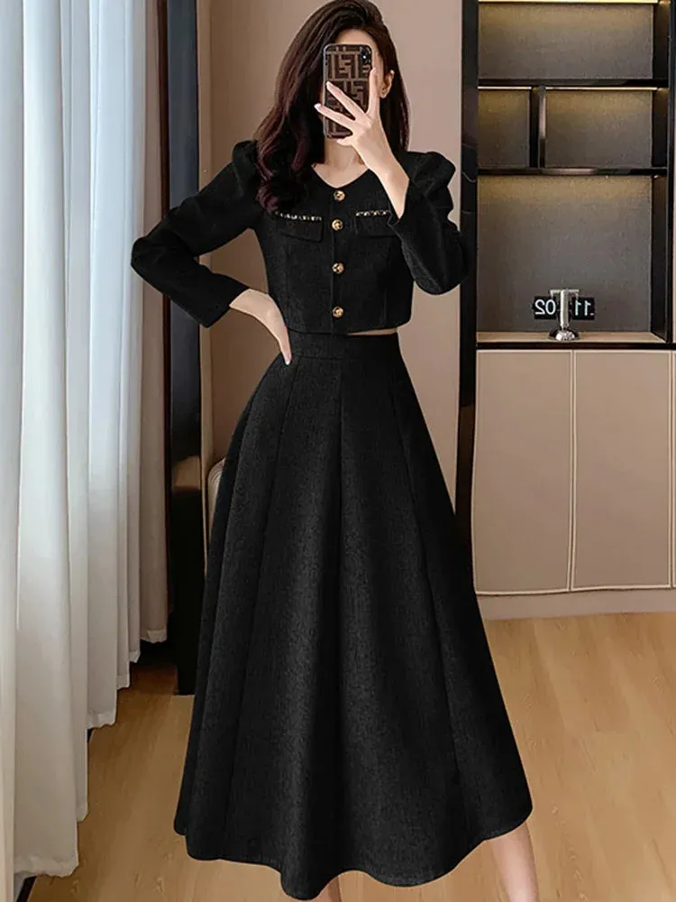 Toleet-New Elegant Small Fragrance Single Breasted Short Coat   High Waist Mid Length Skirt Ladies Suit Korean Two Piece Set Autumn